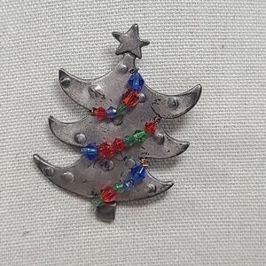 Vintage Silver Tone Christmas Tree Pin Brooch Beaded Garland 1980s